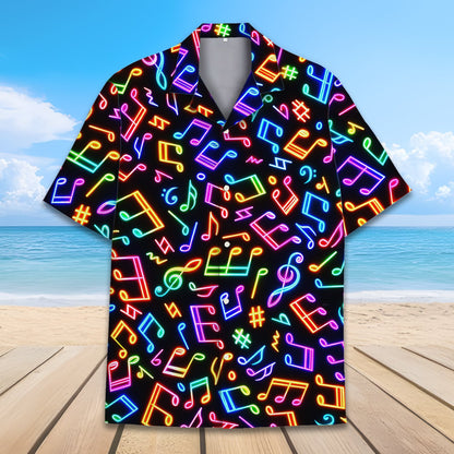 Close-up front view highlighting the neon-style print of the music hawaiian shirt
