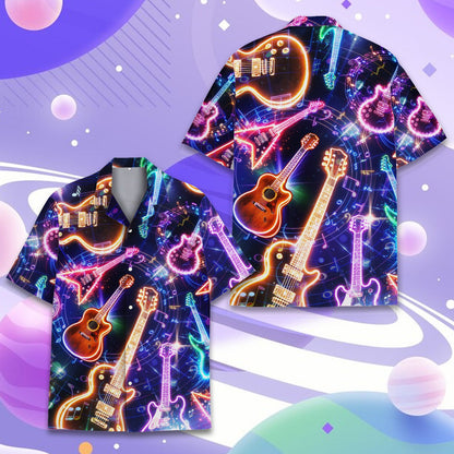 Another front view showing the abstract music pattern on the hawaiian shirt