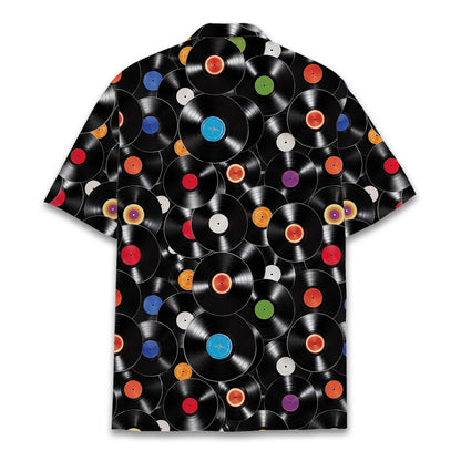Close up front view of the black music hawaiian shirt button placket