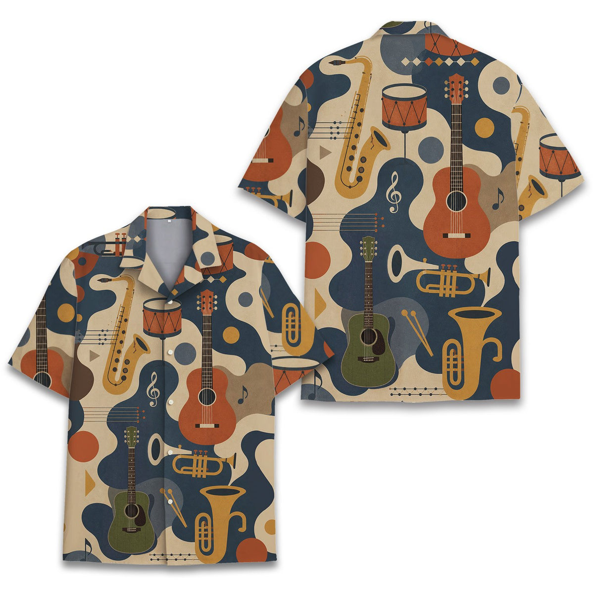 Abstract music hawaiian shirt with retro instruments, front view detail 4