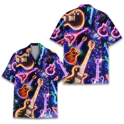 Front perspective of the neon guitar family hawaiian shirt