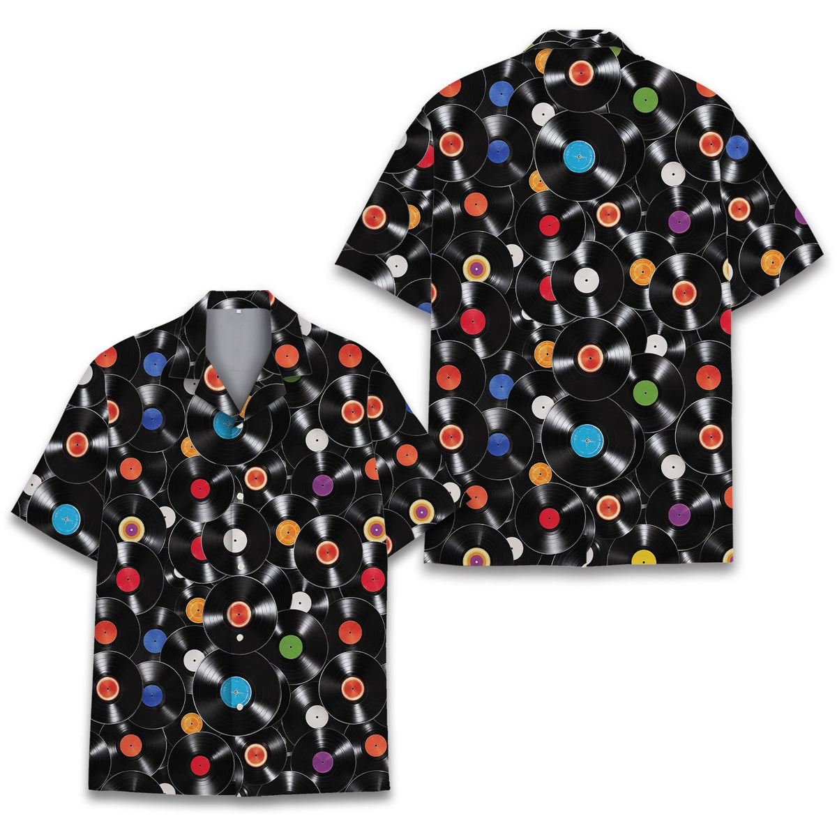 Main view of the matching family music hawaiian shirt featuring a black vinyl records pattern