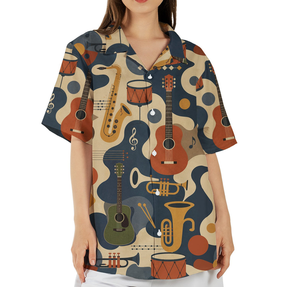 Navy music hawaiian shirt with abstract retro instrument pattern, front view