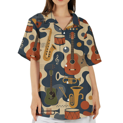 Navy music hawaiian shirt with abstract retro instrument pattern, front view