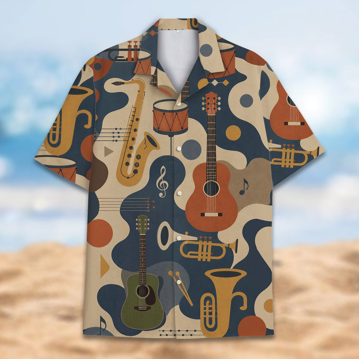 Abstract music hawaiian shirt with retro instruments, main view