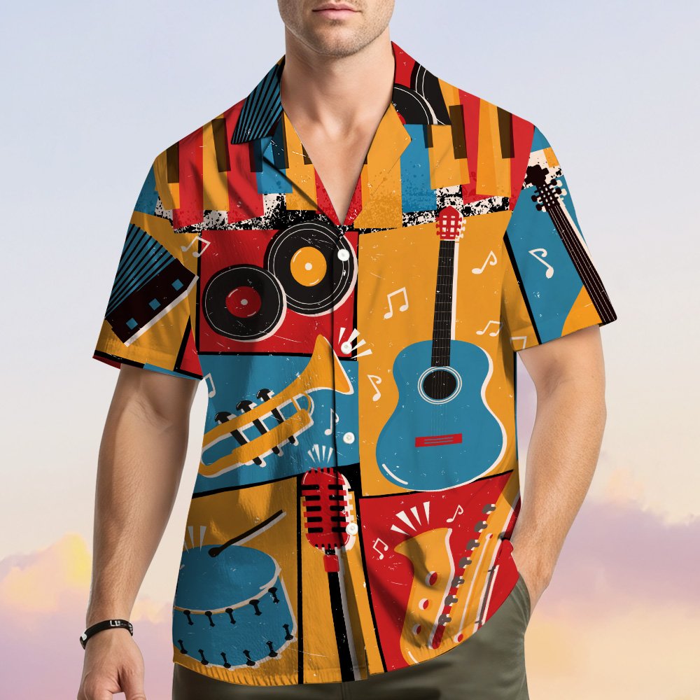 Front view of the vibrant music hawaiian shirt with retro instrument designs