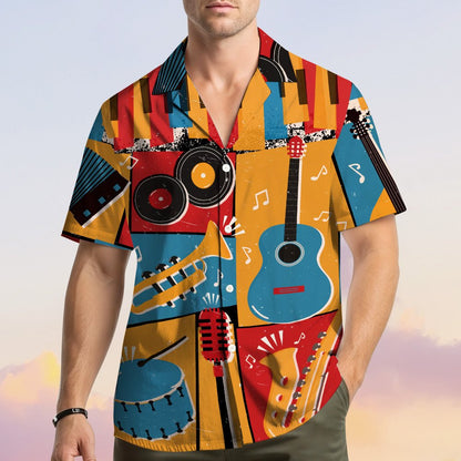 Front view of the vibrant music hawaiian shirt with retro instrument designs