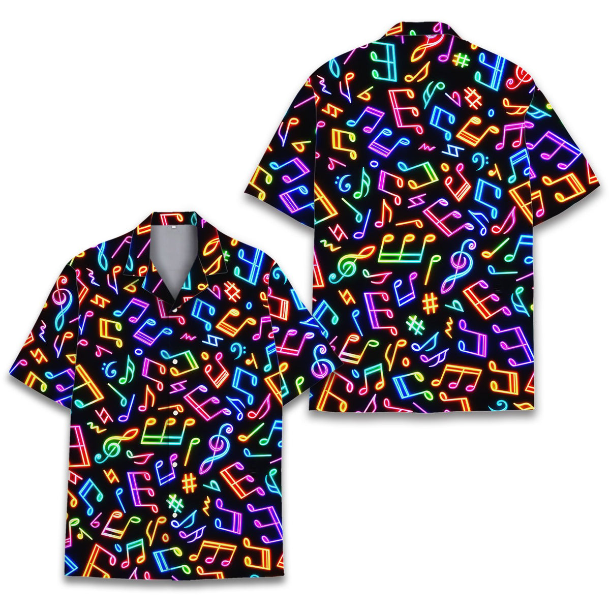 Front view of the matching family hawaiian shirt with colorful music symbols