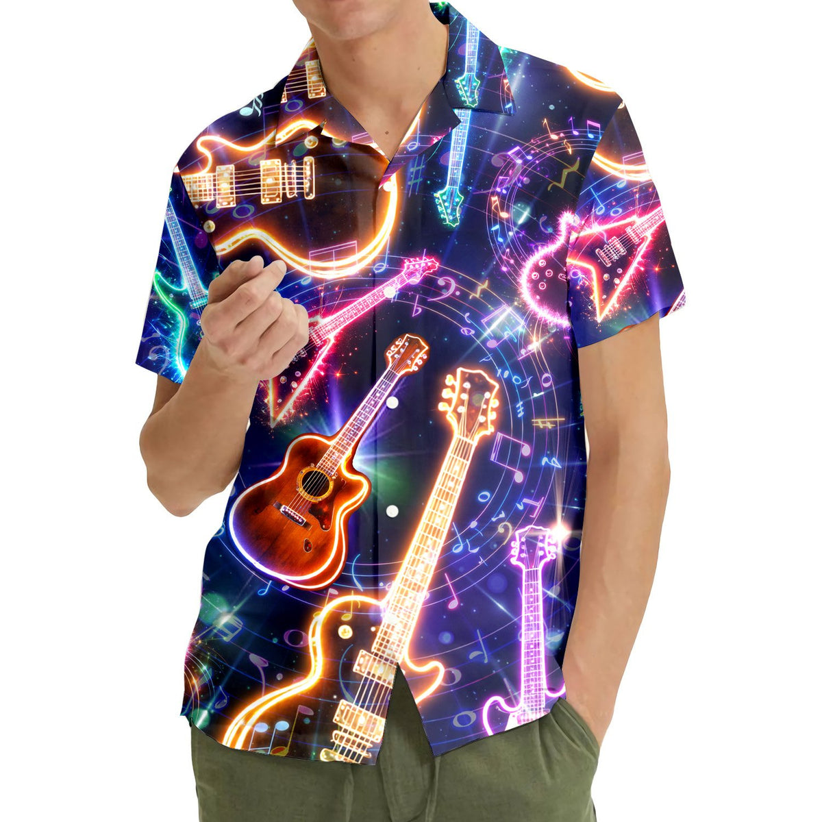 Music hawaiian shirt featuring glowing neon guitars and musical notes on a dark background, main view