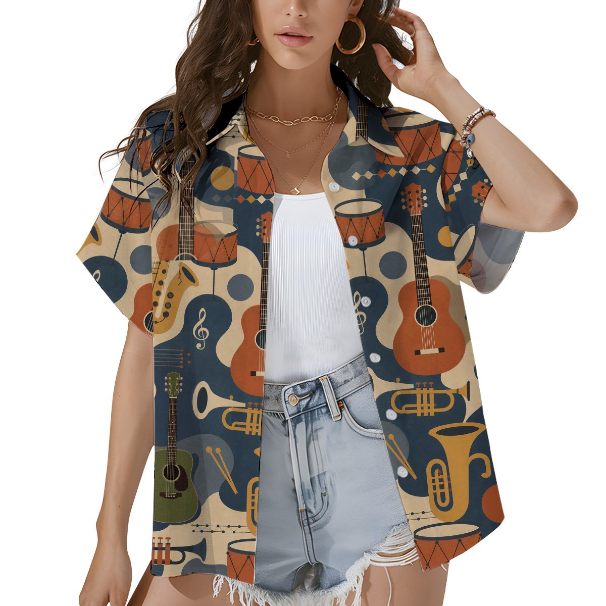 Second lifestyle view of the abstract music pattern button-down shirt