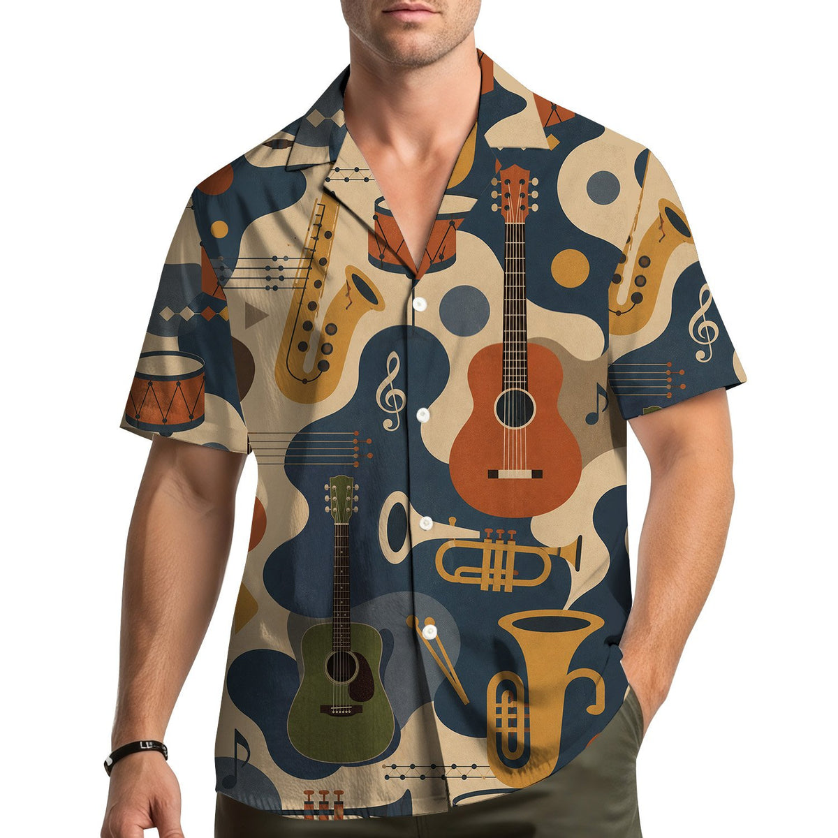 Family wearing matching abstract music hawaiian shirts outdoors, second lifestyle view