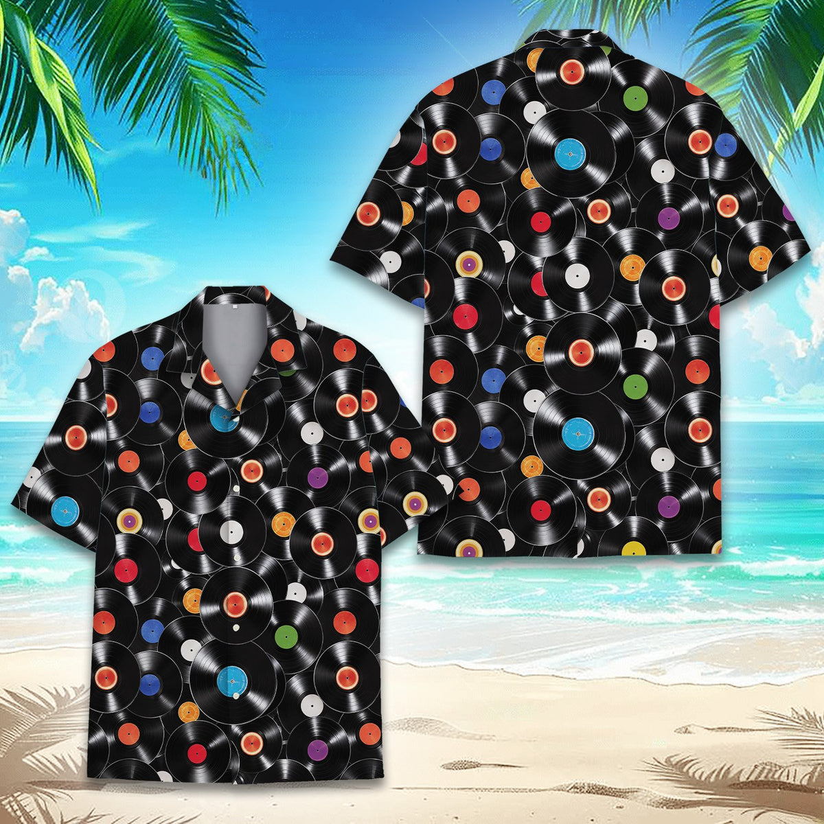Lifestyle view of the music hawaiian shirt being worn