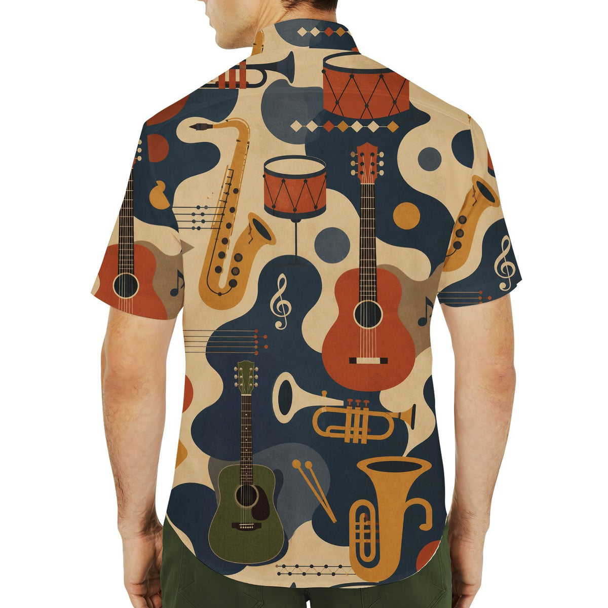 Family wearing matching abstract music hawaiian shirts outdoors, lifestyle view