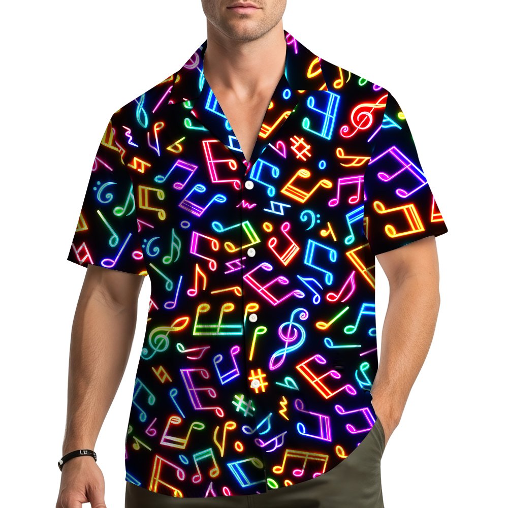 Lifestyle view showing the music hawaiian shirt worn as part of family matching outfits