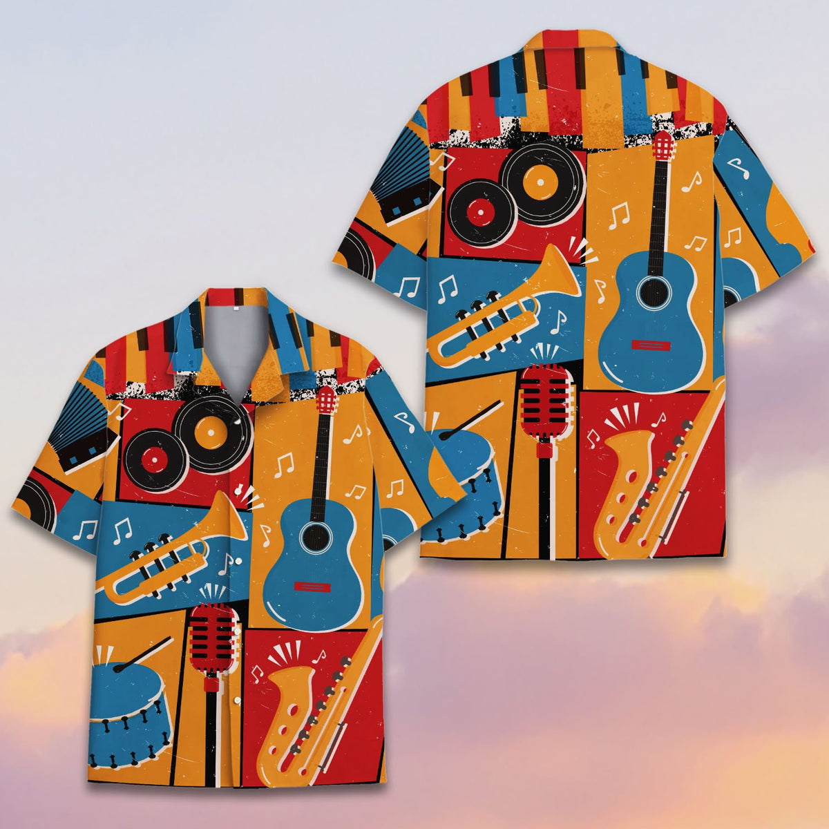 Additional styled view of the colorful music hawaiian shirt