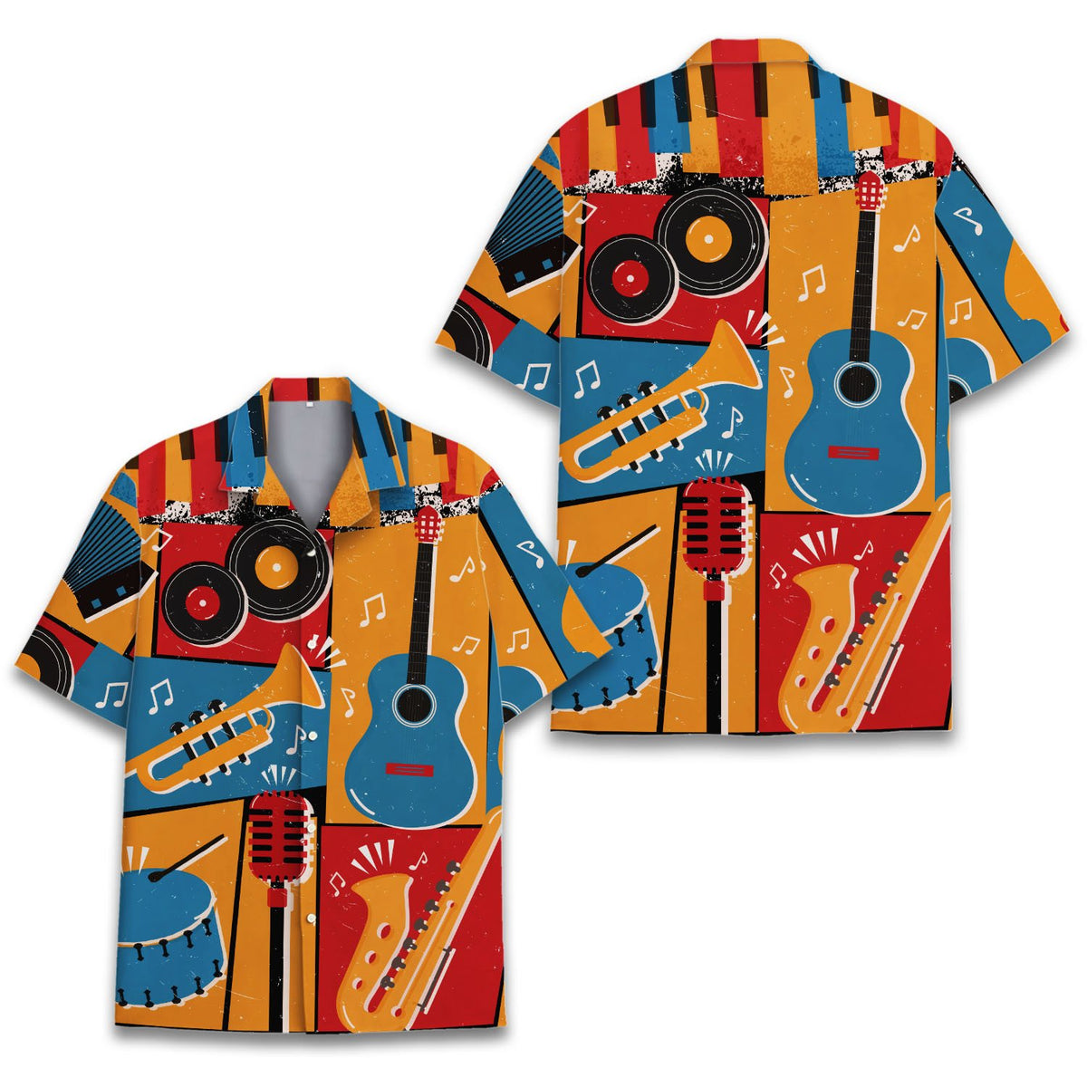 Side angle view of the music hawaiian shirt featuring orange, blue, red, and yellow tones