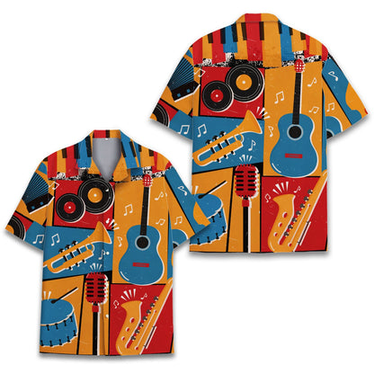 Side angle view of the music hawaiian shirt featuring orange, blue, red, and yellow tones