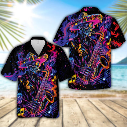 Main view of the music skeleton hawaiian shirt featuring a neon saxophonist design on a black background
