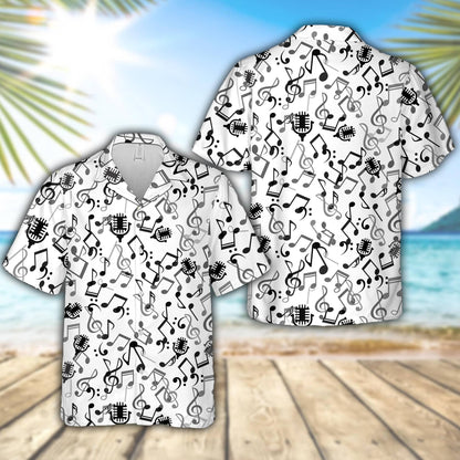 Front view of the white music hawaiian shirt displaying treble clefs and musical notes