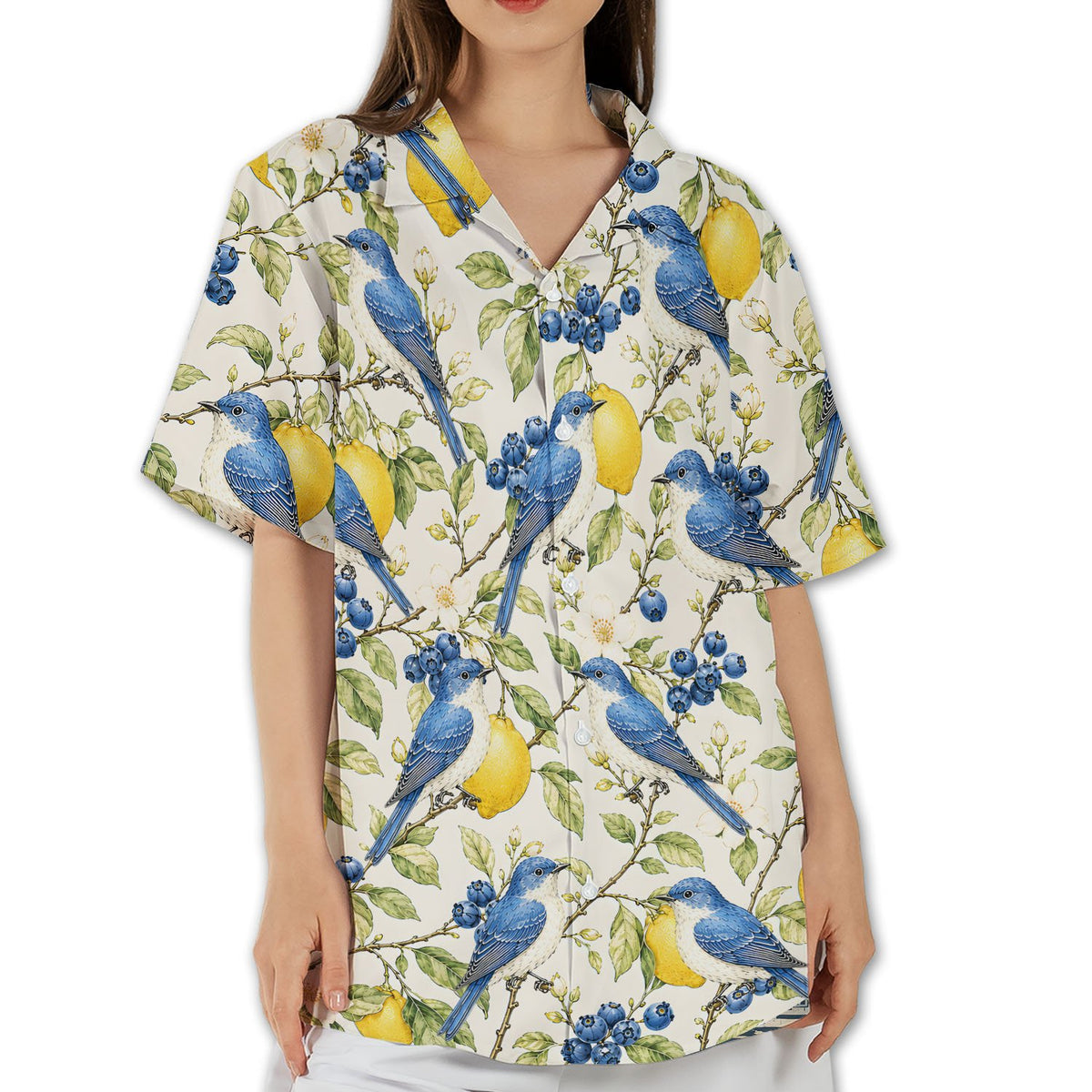 Main view of the beige nature hawaiian shirt featuring bluebirds and lemons