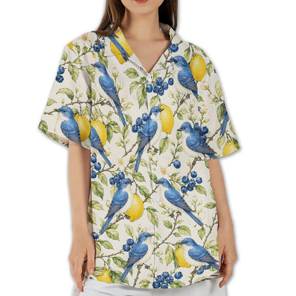 Front view of the nature-themed Hawaiian shirt with cream background
