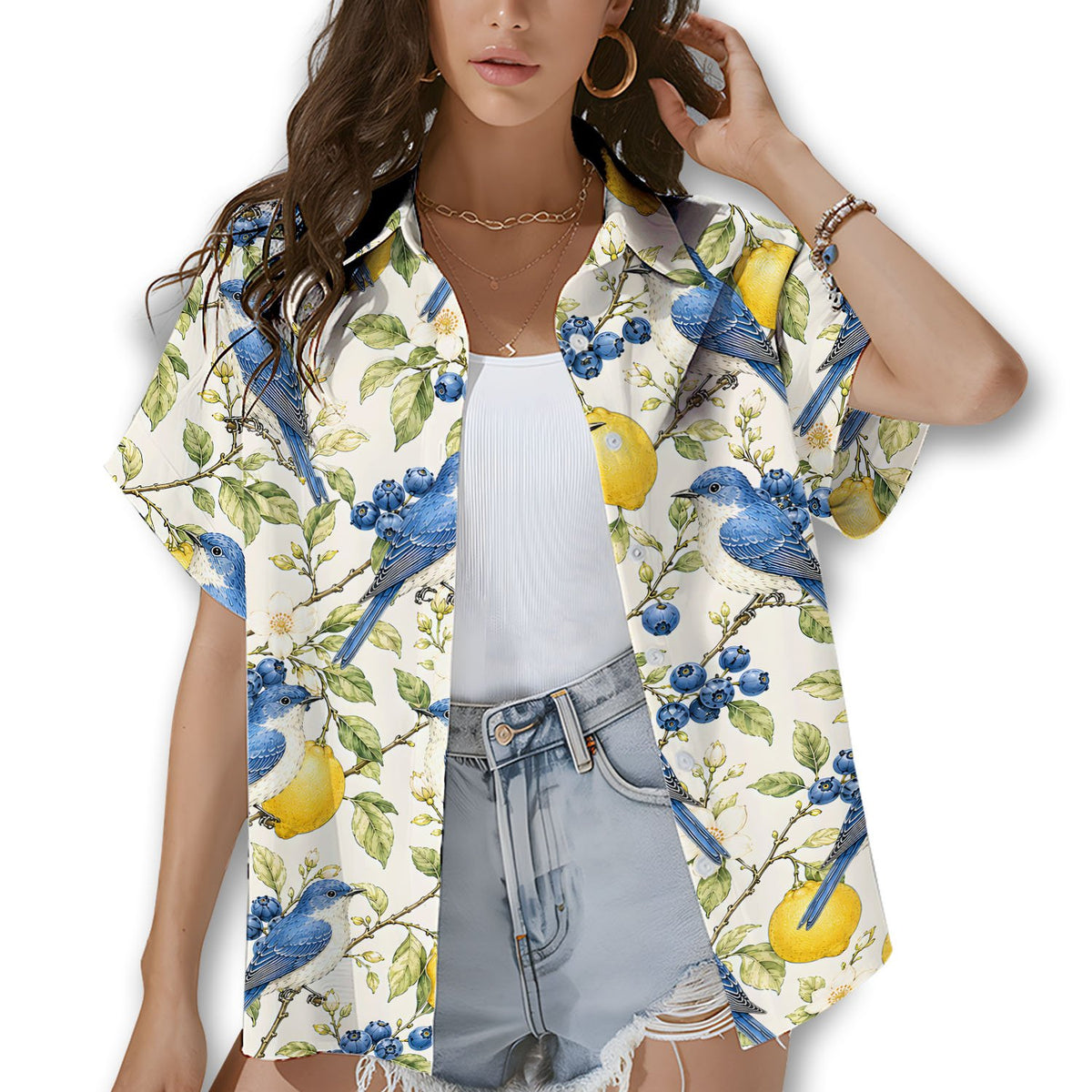 Lifestyle view of a person wearing the matching family hawaiian shirt outdoors