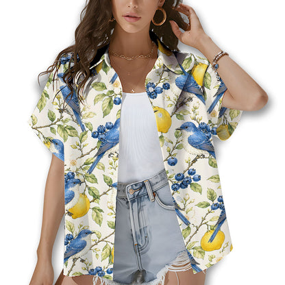 Lifestyle view of a person wearing the matching family hawaiian shirt outdoors