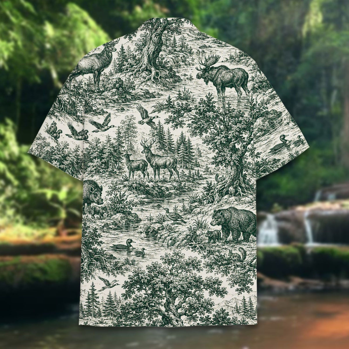 Another back view showing the continuous dark green wildlife pattern
