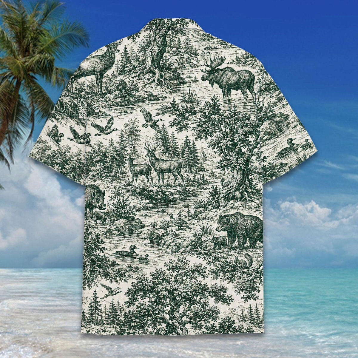 Detailed back view of the vintage toile forest design