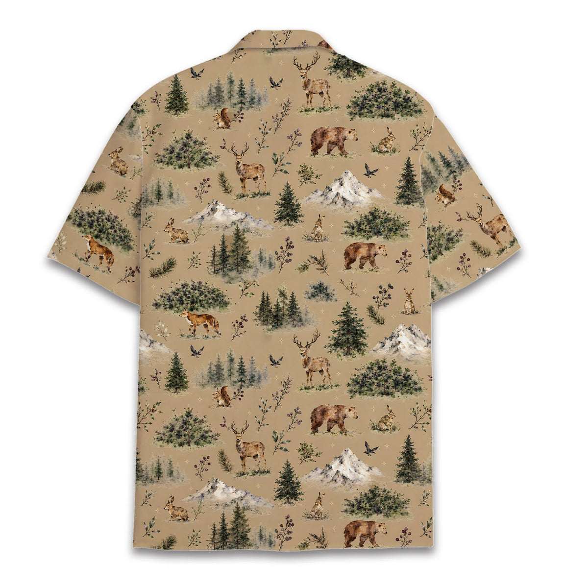 Back view of the beige nature wildlife hawaiian shirt showing pine trees and mountains