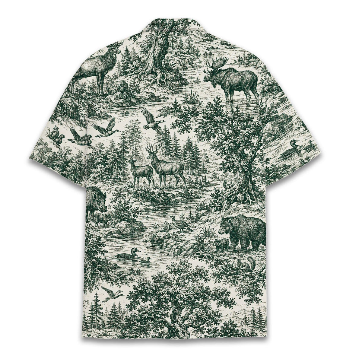 Back view of the matching family hawaiian shirt with nature scene