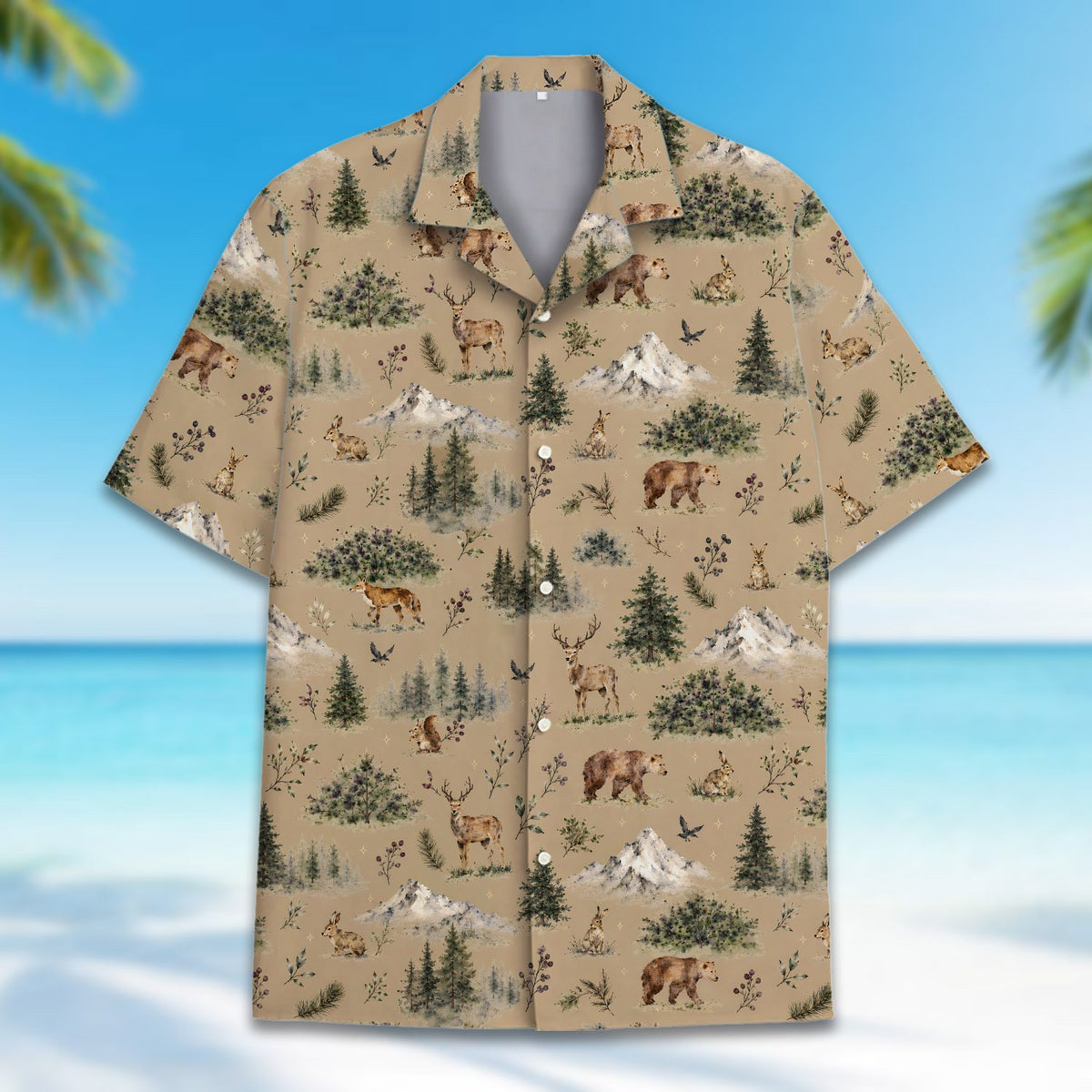 Another front view of the matching family hawaiian shirt with woodland animals
