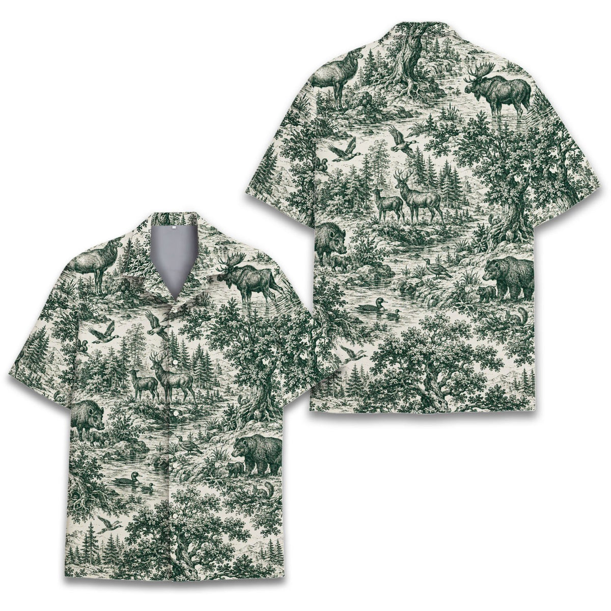 Detailed front view showing the deer and bear toile pattern