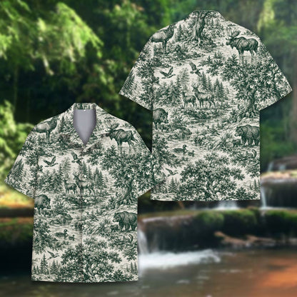 Front angle of the wildlife hawaiian shirt for families