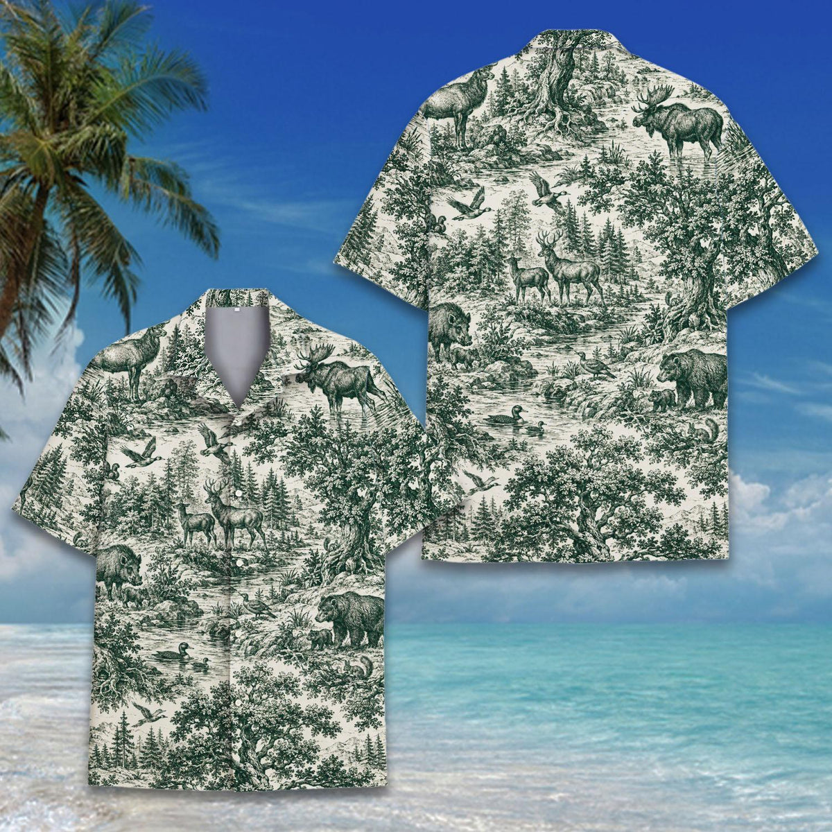 Close-up front view of the vintage forest design on the hawaiian shirt