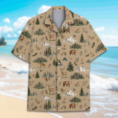 Matching family hawaiian shirts featuring a watercolor nature wildlife scene, main view