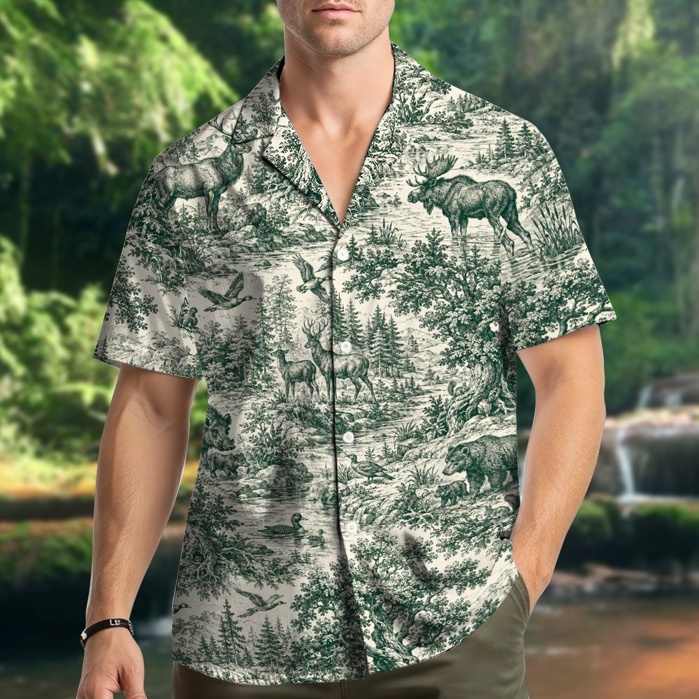 Main view of the white nature hawaiian shirt featuring dark green vintage forest wildlife