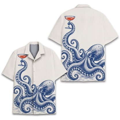 Detailed front view of matching family hawaiian shirts octopus design