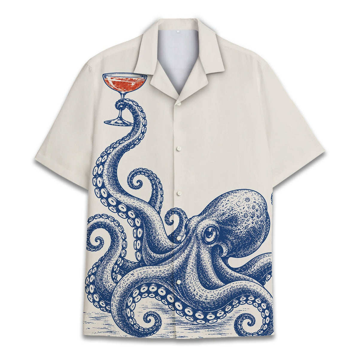 Close-up front view of vintage octopus on beige hawaiian shirt