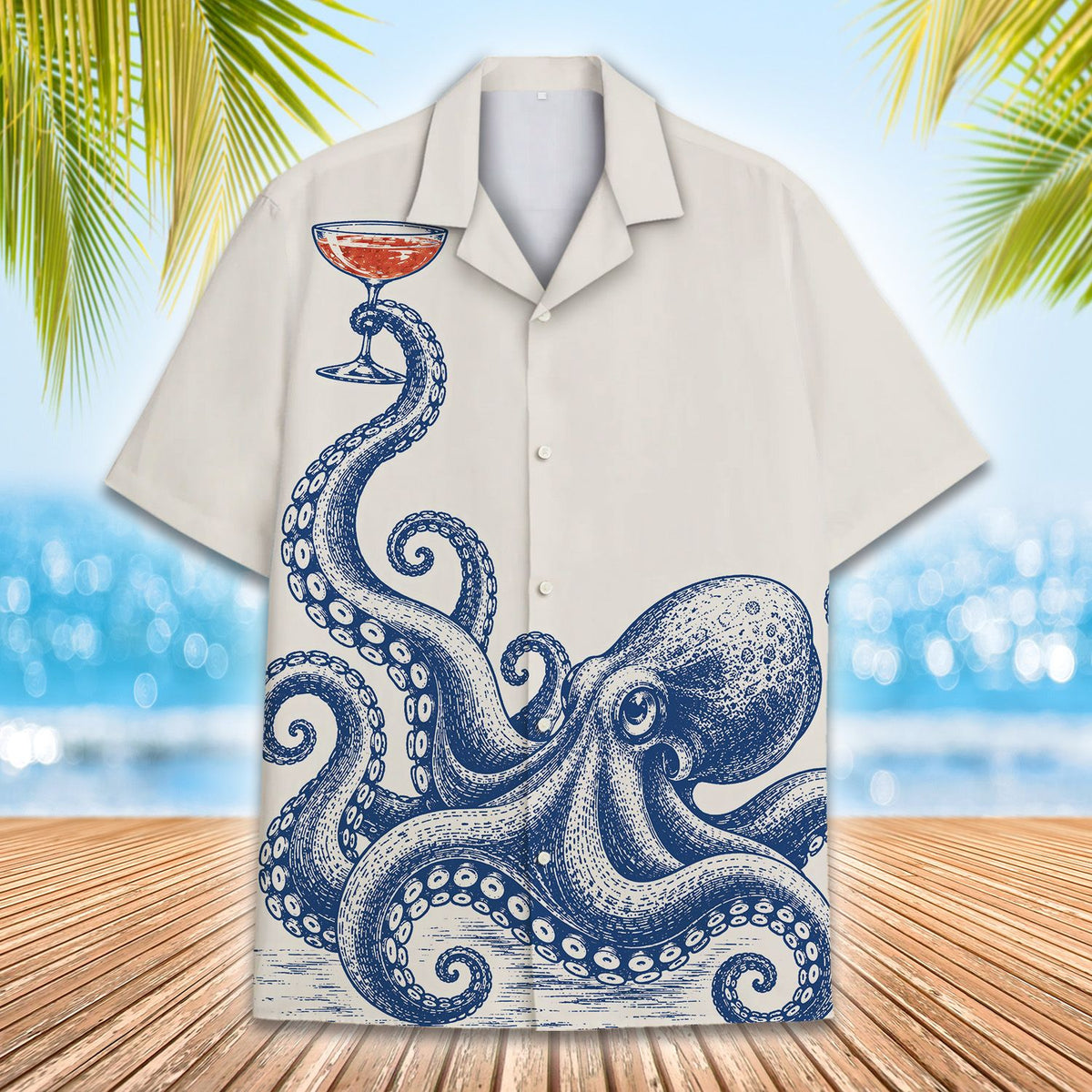 Front view of nautical hawaiian shirt featuring a blue octopus and red drink