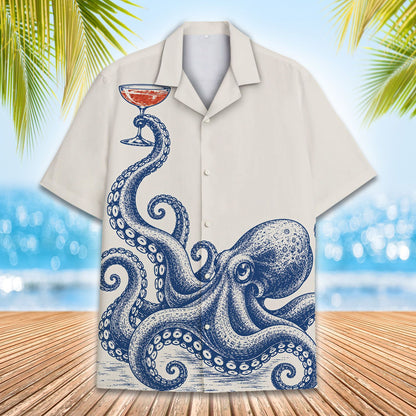 Front view of nautical hawaiian shirt featuring a blue octopus and red drink