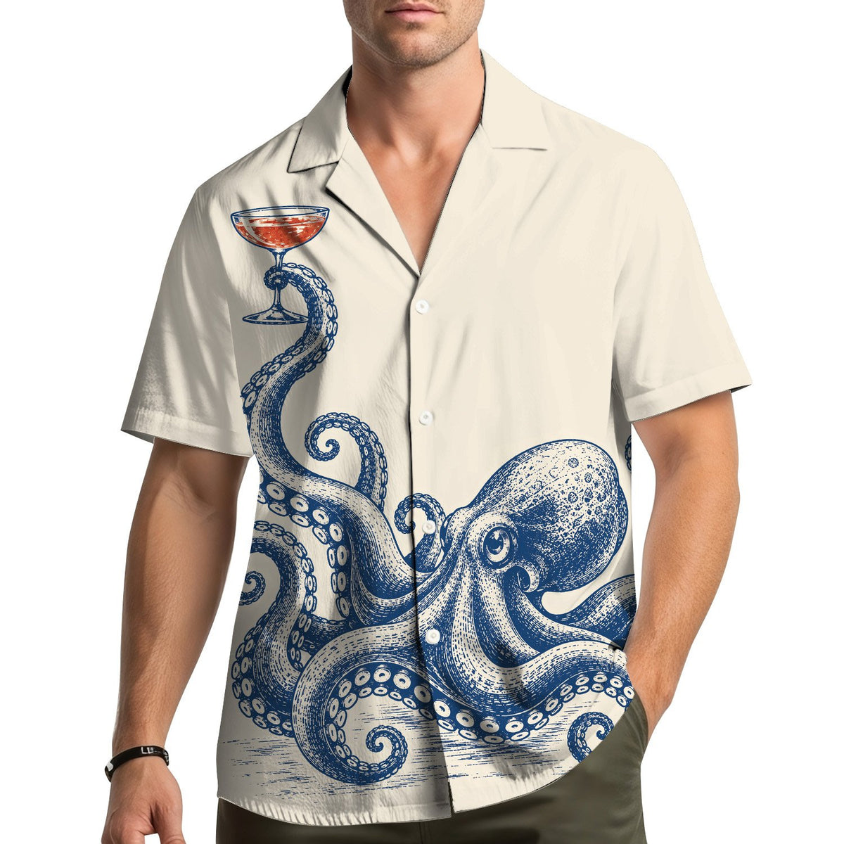 Lifestyle view of someone wearing the vintage octopus matching family hawaiian shirts