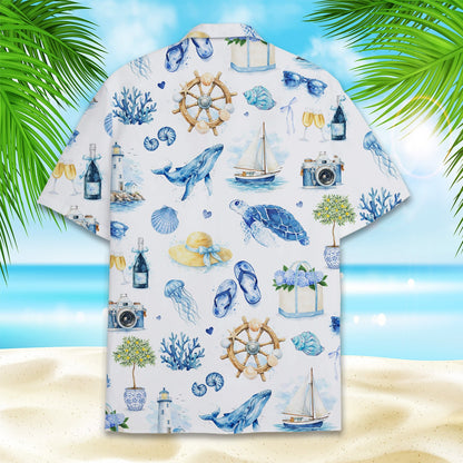Second back view of watercolor nautical hawaiian shirt