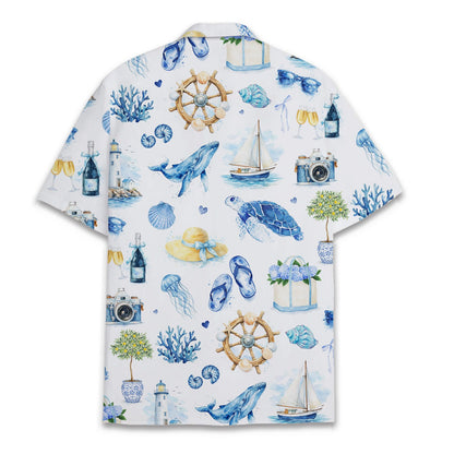 Back view of white nautical coastal hawaiian shirt