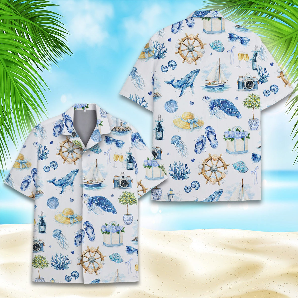 White nautical hawaiian shirt front detail