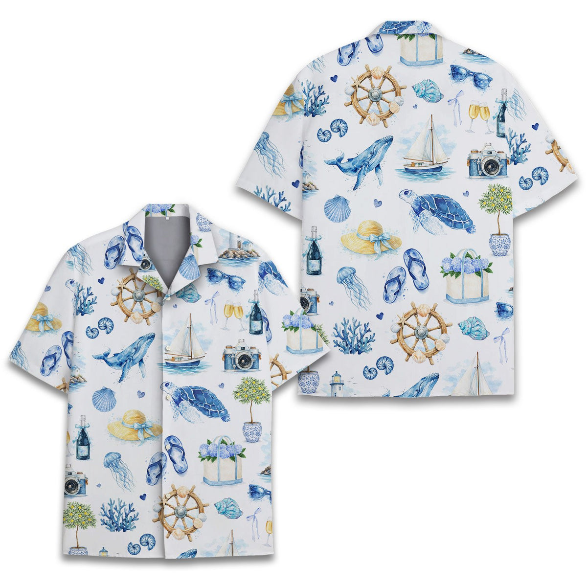 Close up front view of nautical coastal pattern hawaiian shirt