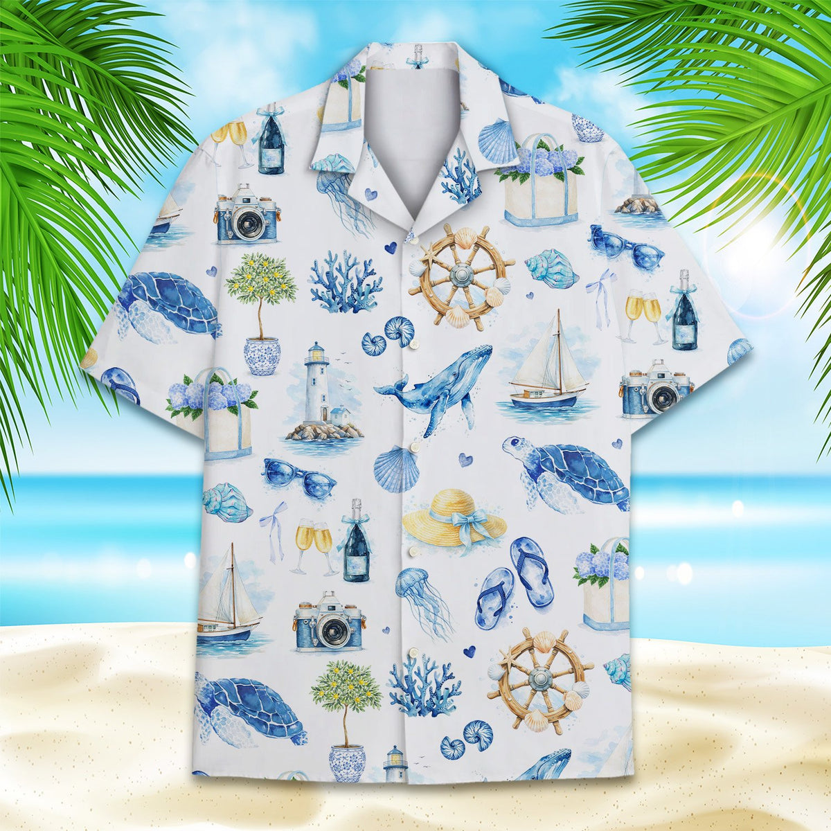 Nautical coastal hawaiian shirt with watercolor sea turtles and sailboats on white, main view