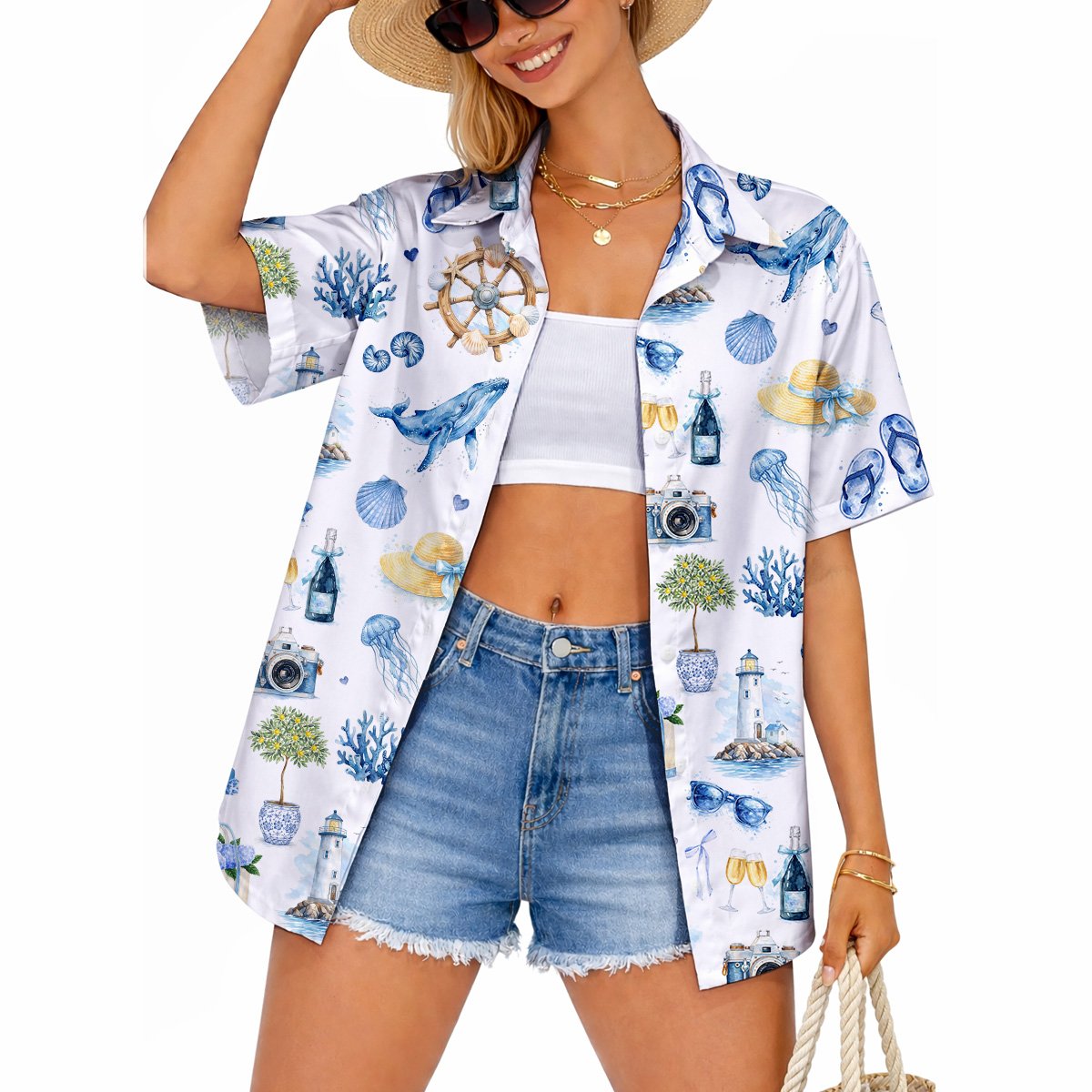 Second lifestyle view of nautical coastal hawaiian shirt outdoors