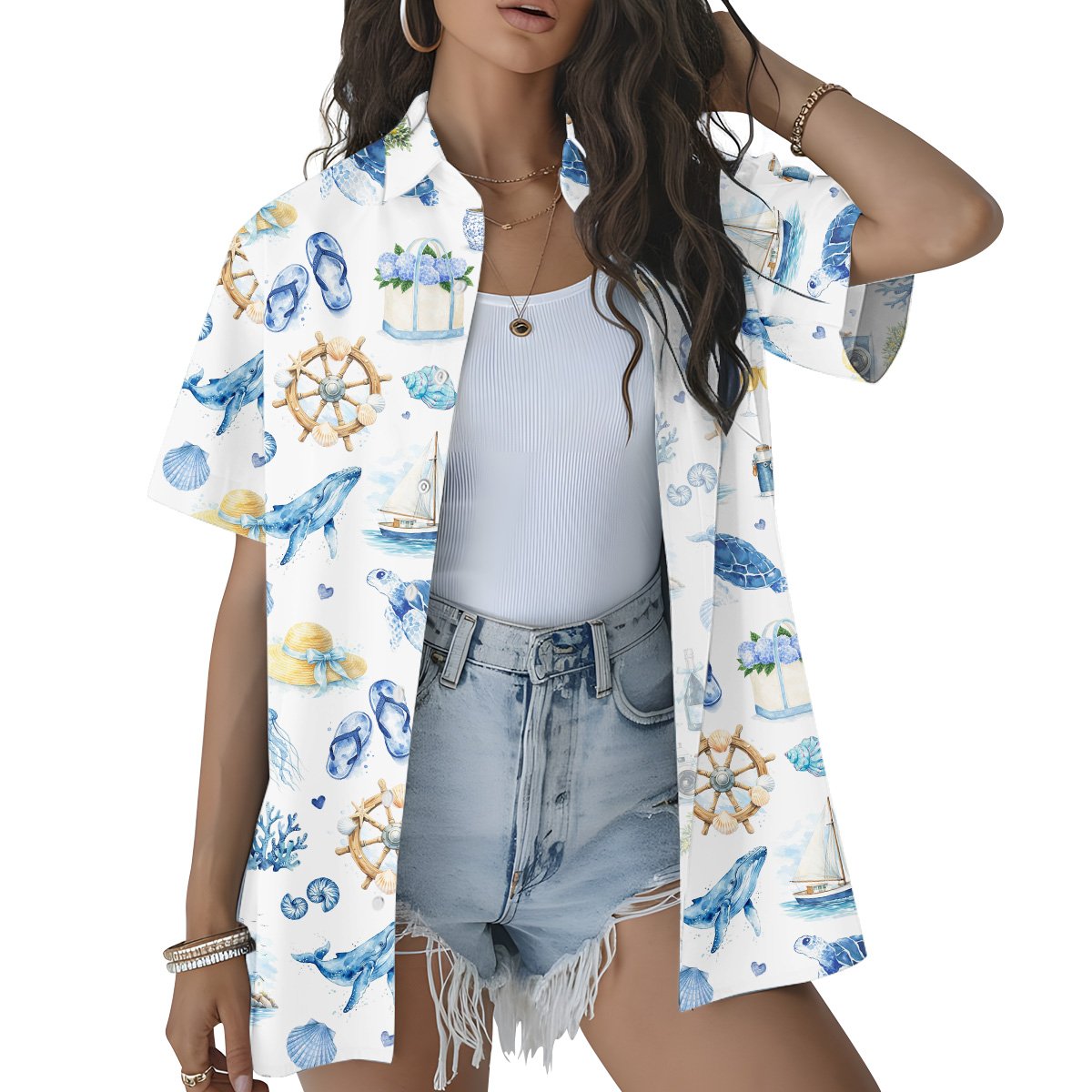 Third lifestyle shot of white matching family hawaiian shirts