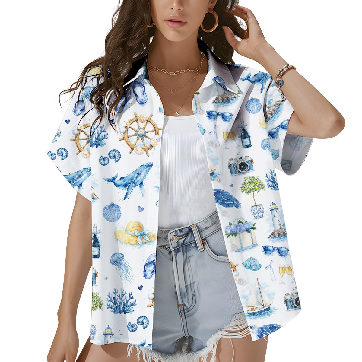 Lifestyle view of family wearing matching nautical hawaiian shirts